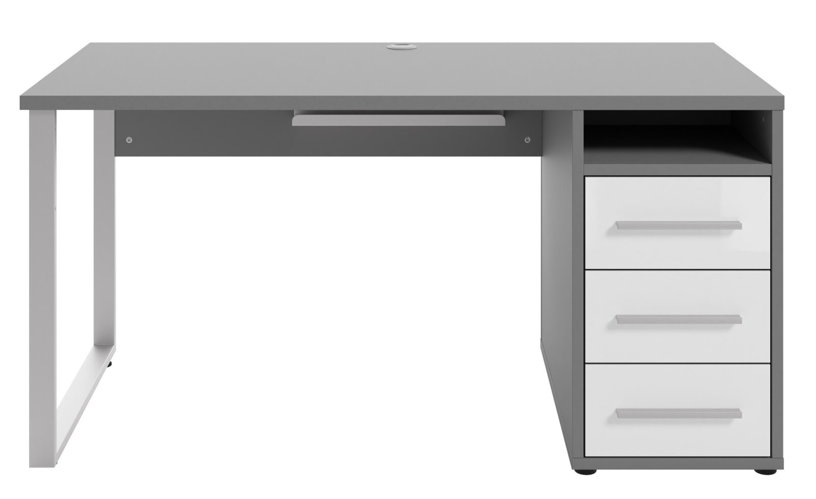 Modern grijs bureau met drie witte lades, vooraanzicht