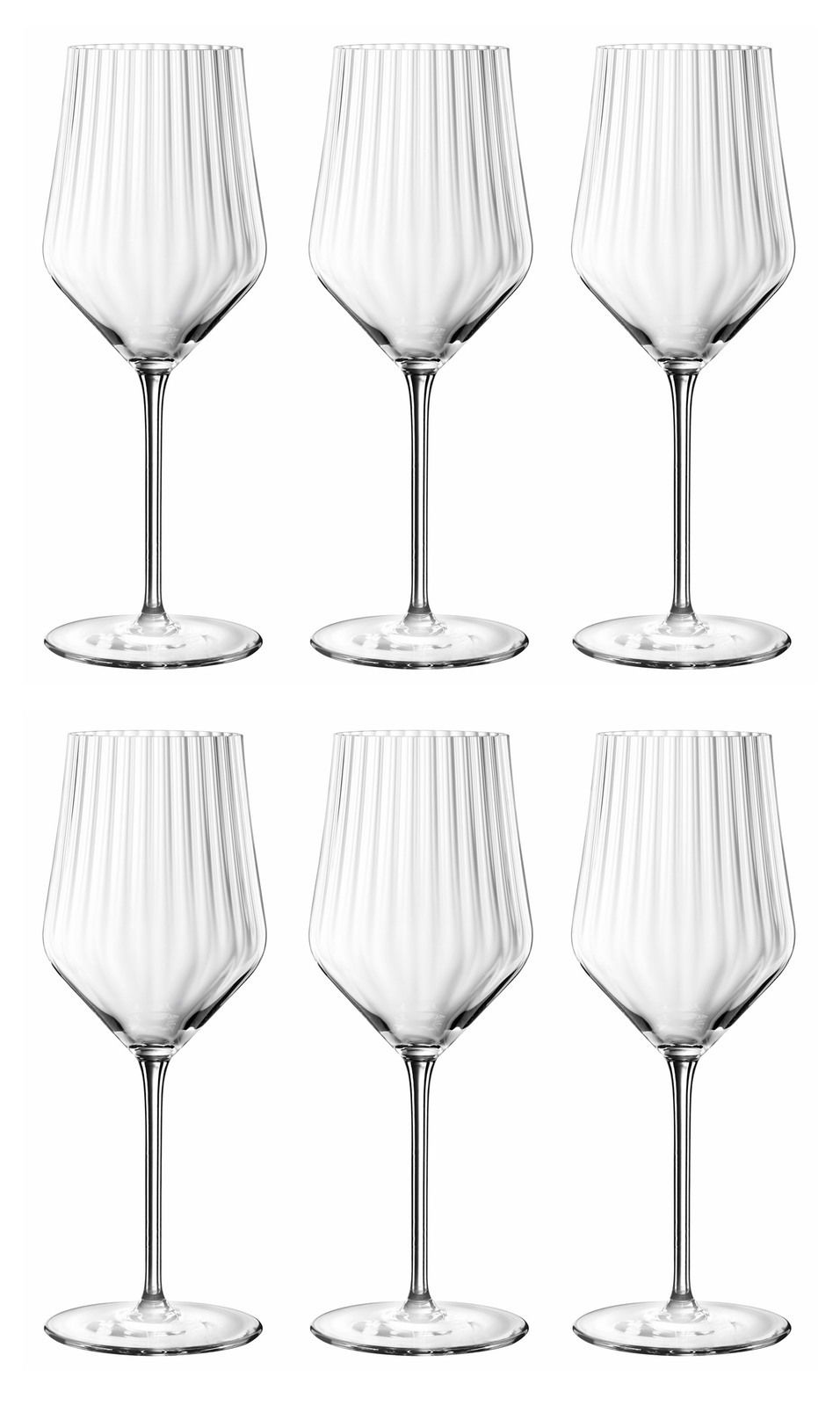 Nachtmann Weißweinglas 6-tlg. APERITIVO Sechs elegante Universal-Weißweingläser mit geriffeltem Design, frontal abgebildet.