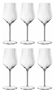 Sechs elegante Universal-Weißweingläser mit geriffeltem Design, frontal abgebildet.