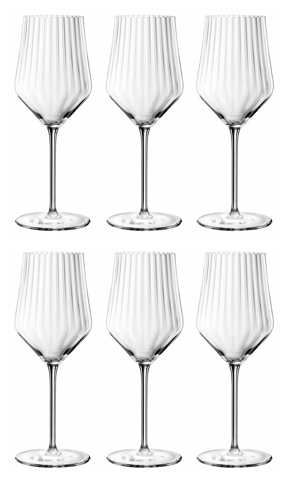 Sechs elegante Universal-Weißweingläser mit geriffeltem Design, frontal abgebildet.