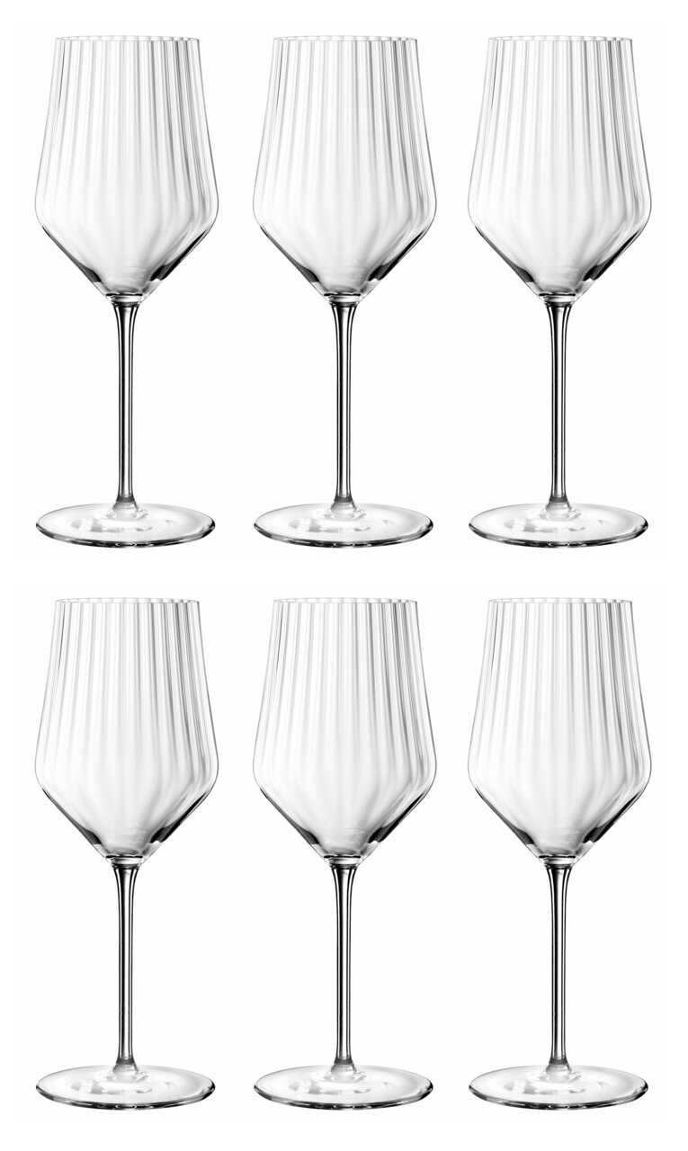 Sechs elegante Universal-Weißweingläser mit geriffeltem Design, frontal abgebildet.