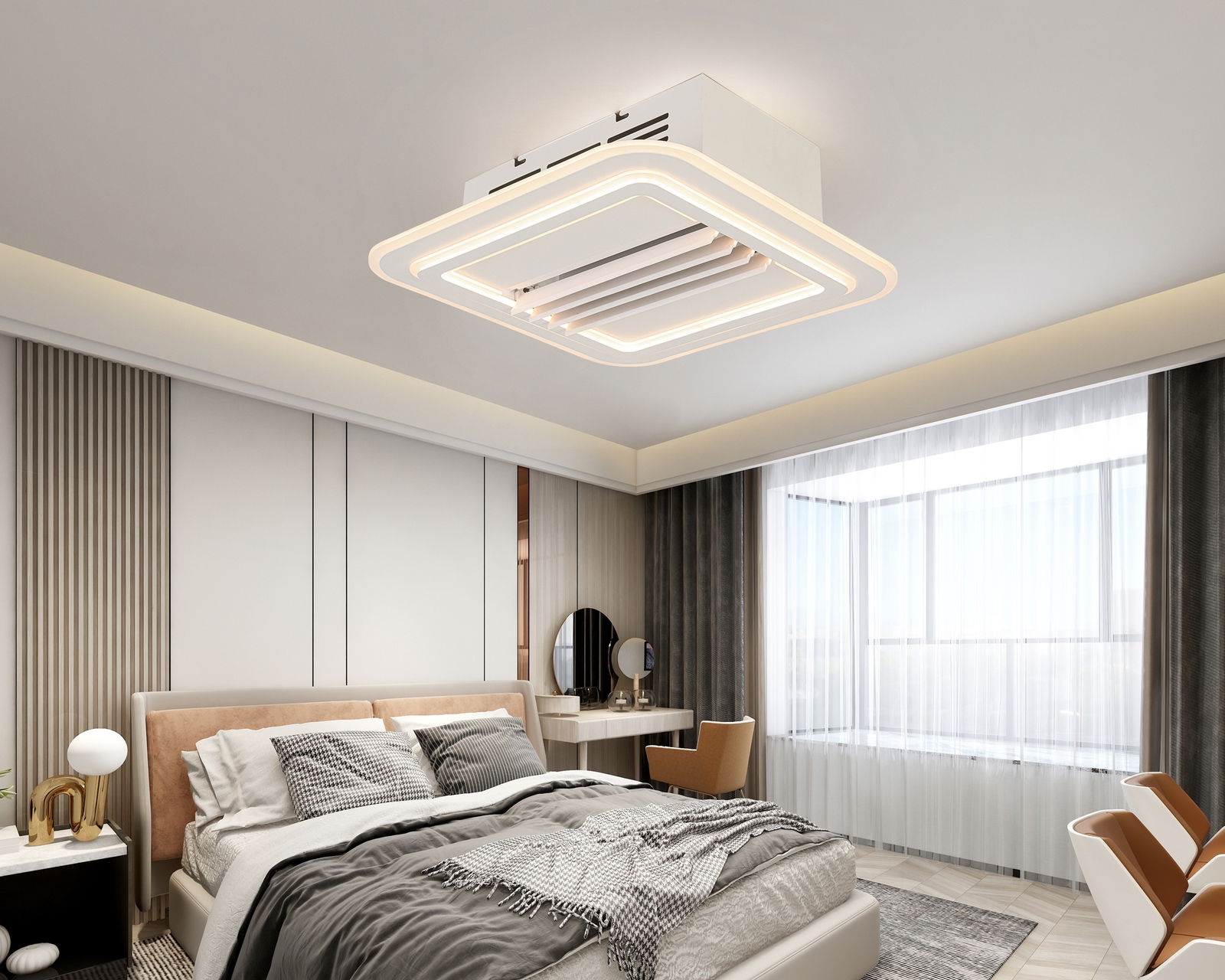 Moderner Deckenventilator mit LED-Beleuchtung in einem stilvollen Schlafzimmer, Perspektive von unten.