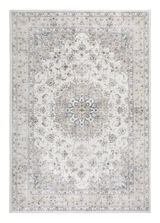 Luxor Living Teppich-Serie PRIMA in der Größe ca. 80x150cm, mit floralem Muster in sanften Beige- und Grautönen, Draufsicht.