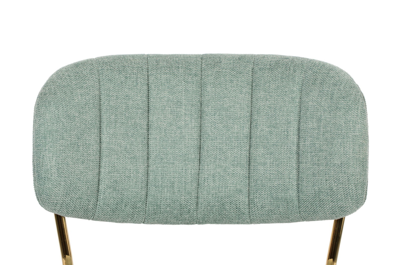 Rückansicht eines Stuhls mit gepolsterter Rückenlehne in grünem Stoff und goldenen Beinen