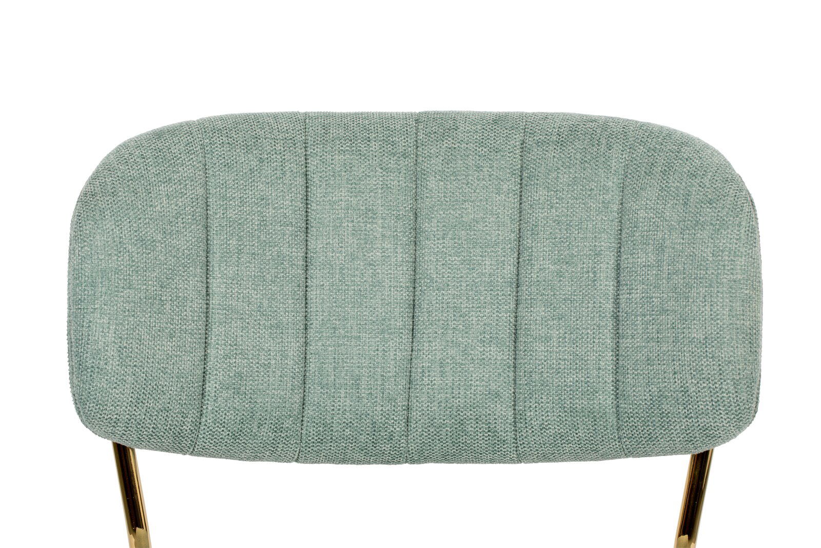 Rückansicht eines Stuhls mit gepolsterter Rückenlehne in grünem Stoff und goldenen Beinen