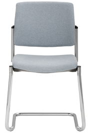 Freischwinger Stuhl mit grauem Stoffbezug und verchromtem Gestell, Frontalansicht