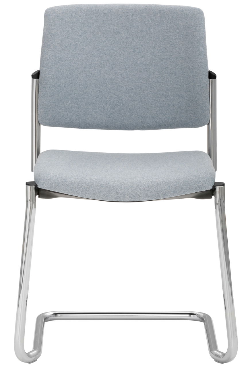 Freischwinger Stuhl mit grauem Stoffbezug und verchromtem Gestell, Frontalansicht