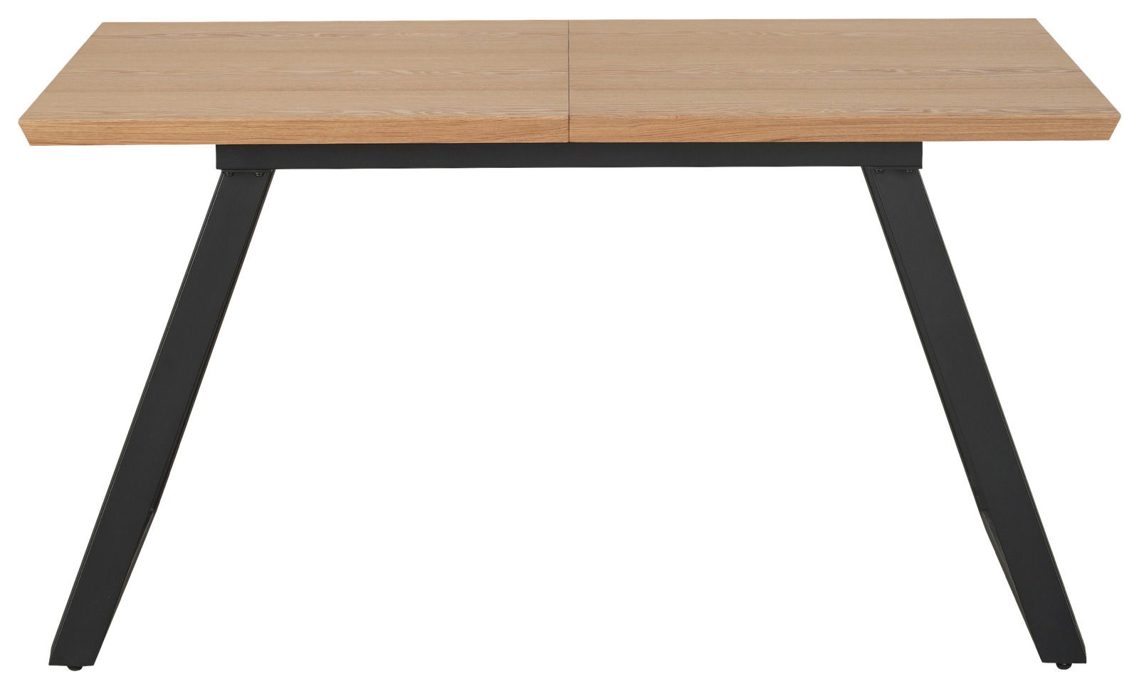 Moderner Esstisch mit Holzplatte und schwarzen Metallbeinen, Frontalansicht.