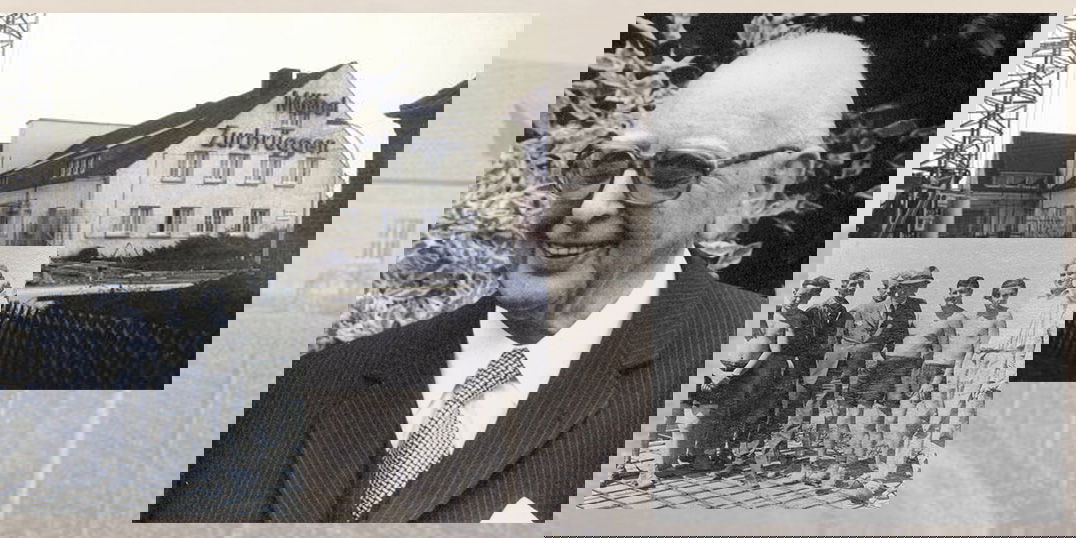 Historische Bildcollage. Oben links ein Gebäude mit der Aufschrift 