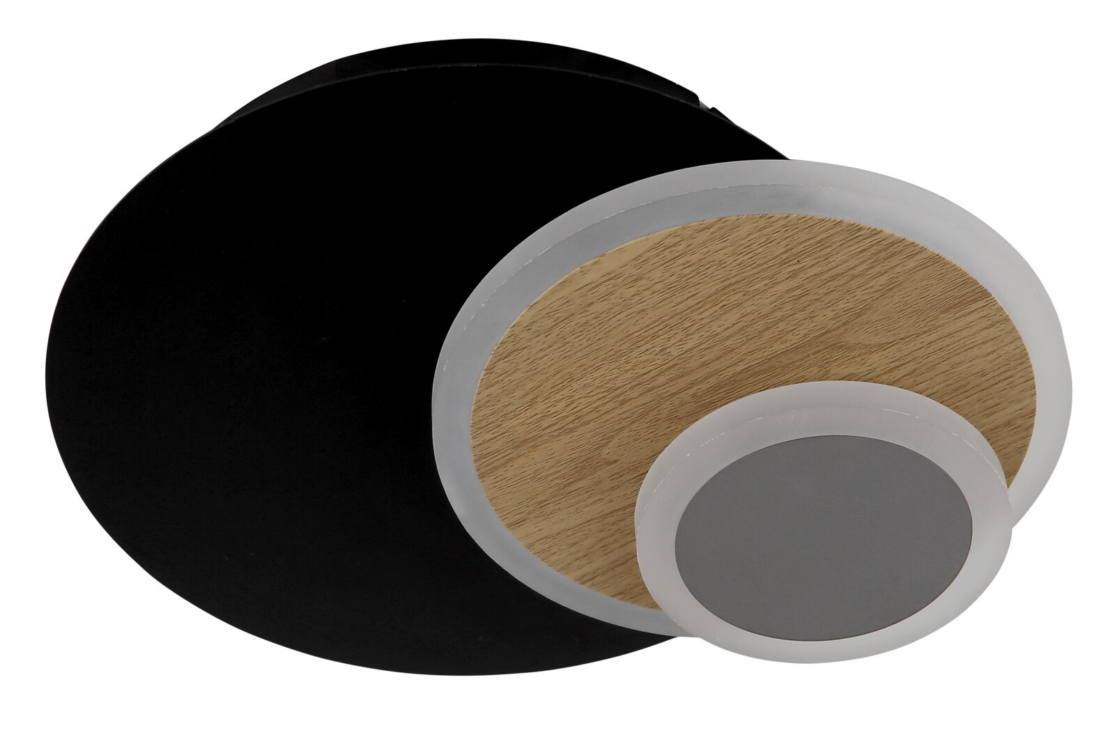 Moderne LED-Deckenleuchte in Schwarz mit Holzoptik-Element und zwei runden Lichtflächen, schräg von unten in Perspektive fotografiert