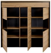 Frontale Ansicht eines Highboards mit offenen Holztüren und mehreren Regalfächern in Holzoptik.