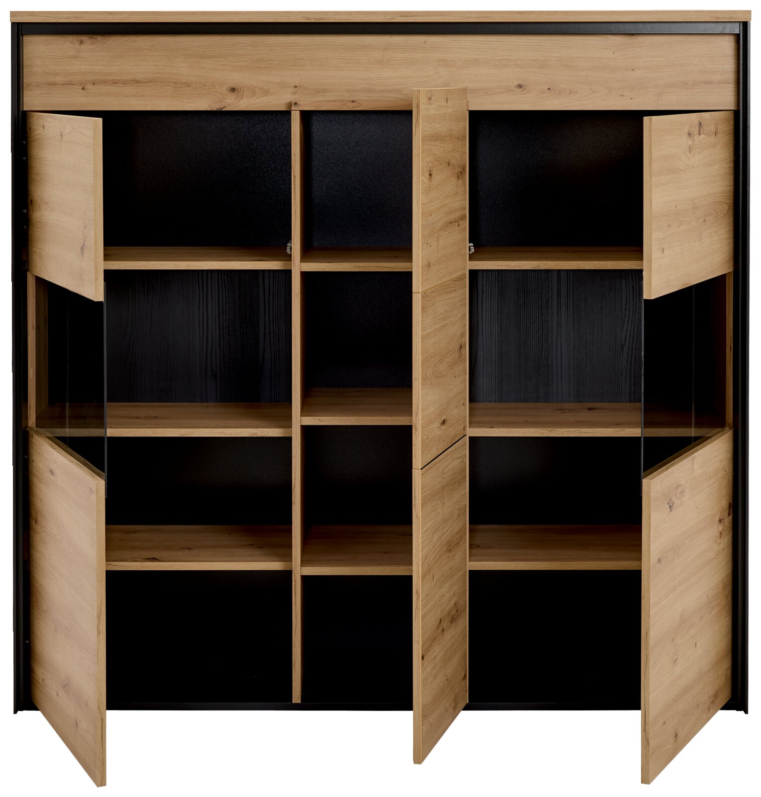 Frontale Ansicht eines Highboards mit offenen Holztüren und mehreren Regalfächern in Holzoptik.