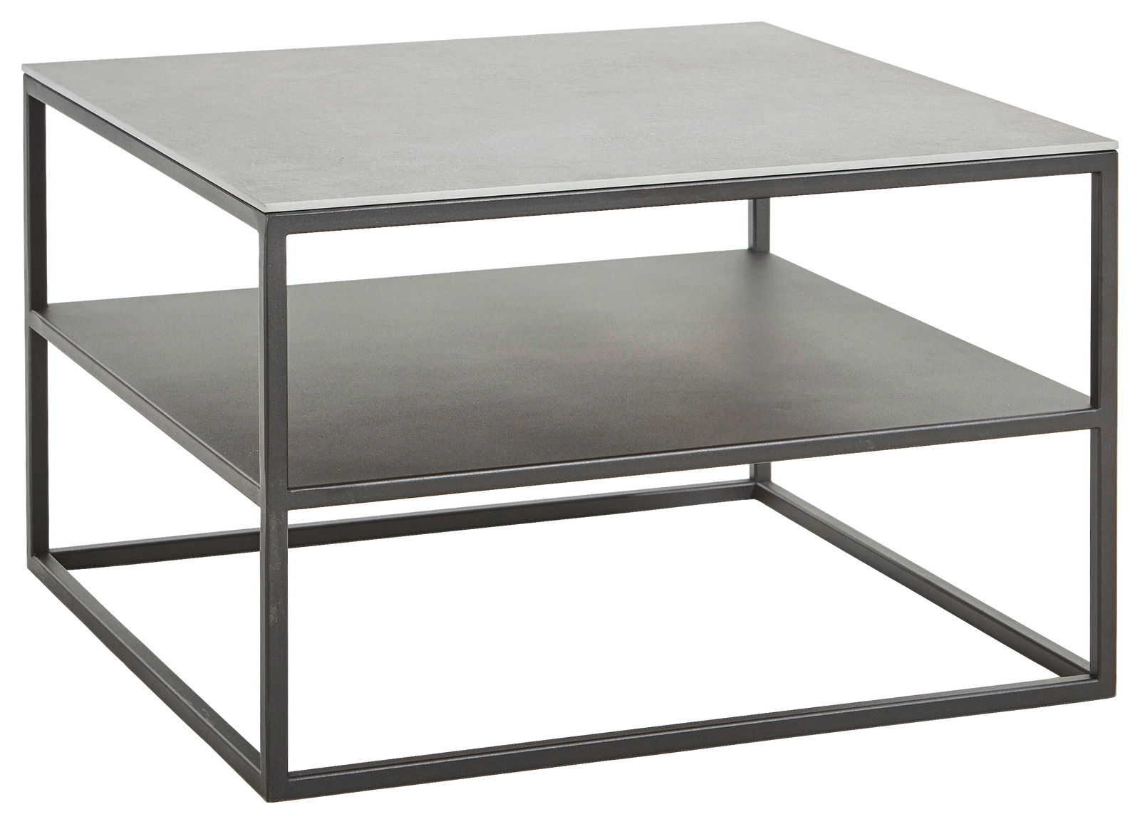 Moderner quadratischer Beistelltisch mit Metallrahmen und zwei Ebenen, seitliche Perspektive