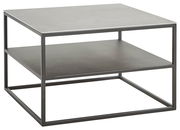 Moderner quadratischer Beistelltisch mit Metallrahmen und zwei Ebenen, seitliche Perspektive