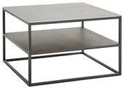 Moderner quadratischer Beistelltisch mit Metallrahmen und zwei Ebenen, seitliche Perspektive
