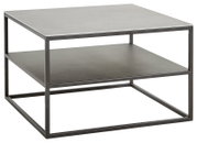 Moderner quadratischer Beistelltisch mit Metallrahmen und zwei Ebenen, seitliche Perspektive