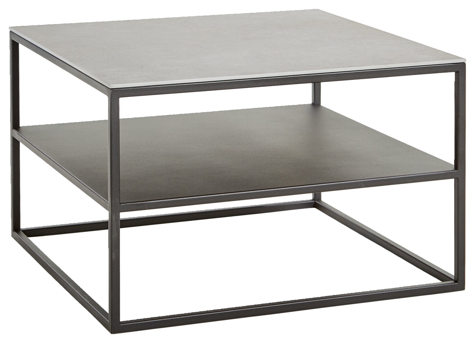 Moderne vierkante bijzettafel met metalen frame en twee niveaus, zijaanzicht