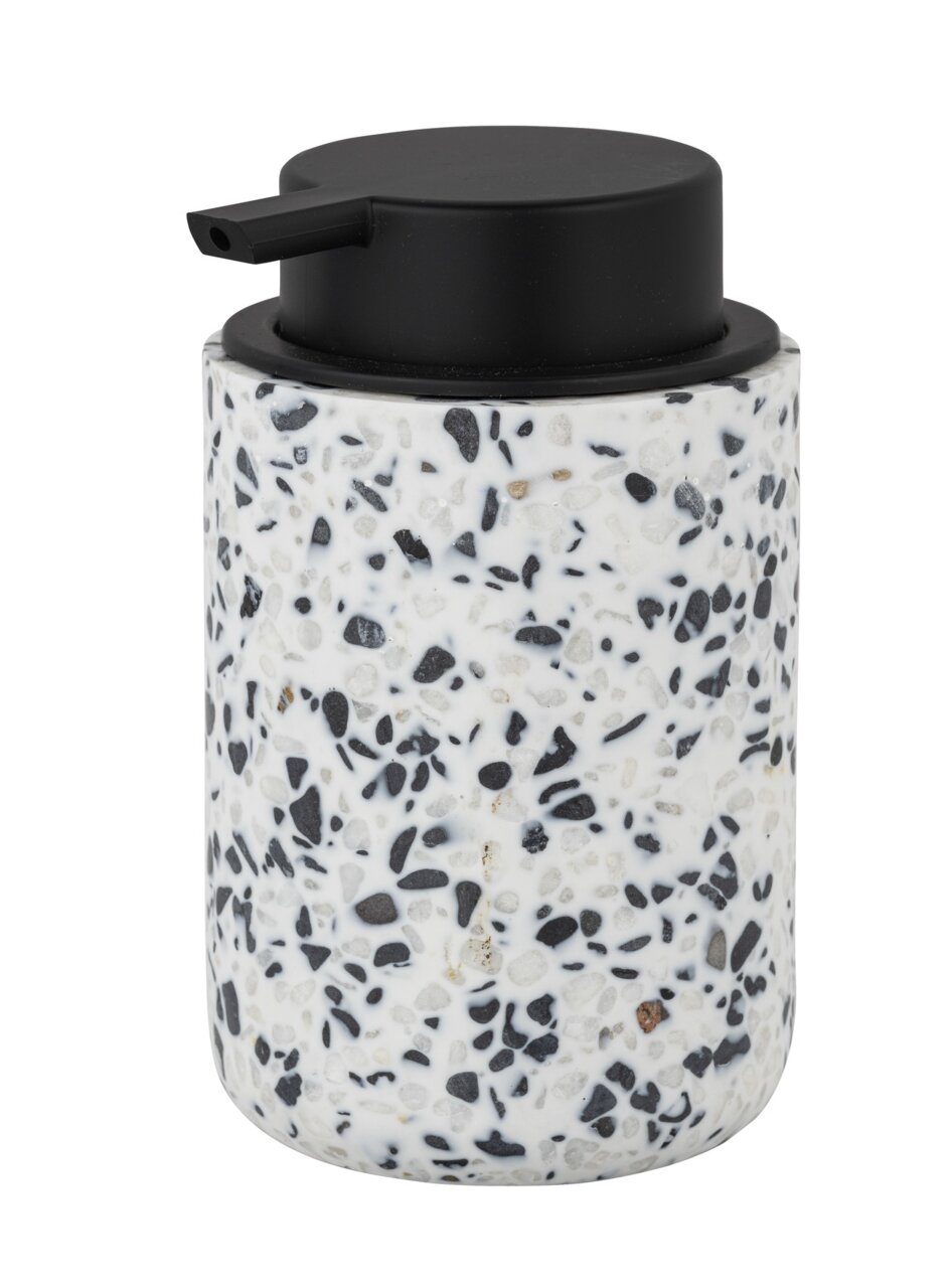 Schöner Wohnen Seifenspender TERRAZZO TOSI Seifenspender aus Terrazzo mit schwarzem Pumpkopf, seitliche Perspektive