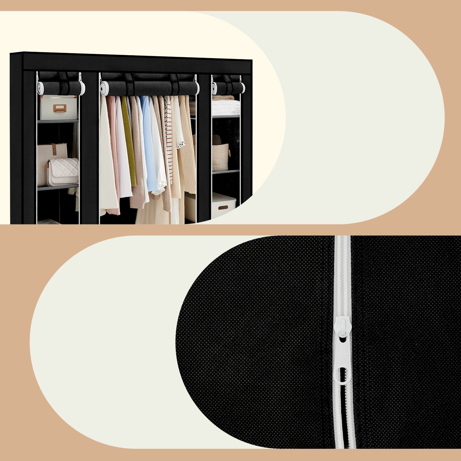 Schwarzer Stoff-Kleiderschrank mit Fächern und Kleiderstange, gefüllt mit Kleidung und Aufbewahrungsboxen; Frontansicht, zusätzlich Detailansicht des weißen Reißverschlusses am schwarzen Stoff