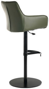 Moderner Barhocker mit grünem Sitz und schwarzem Metallgestell, seitliche Perspektive