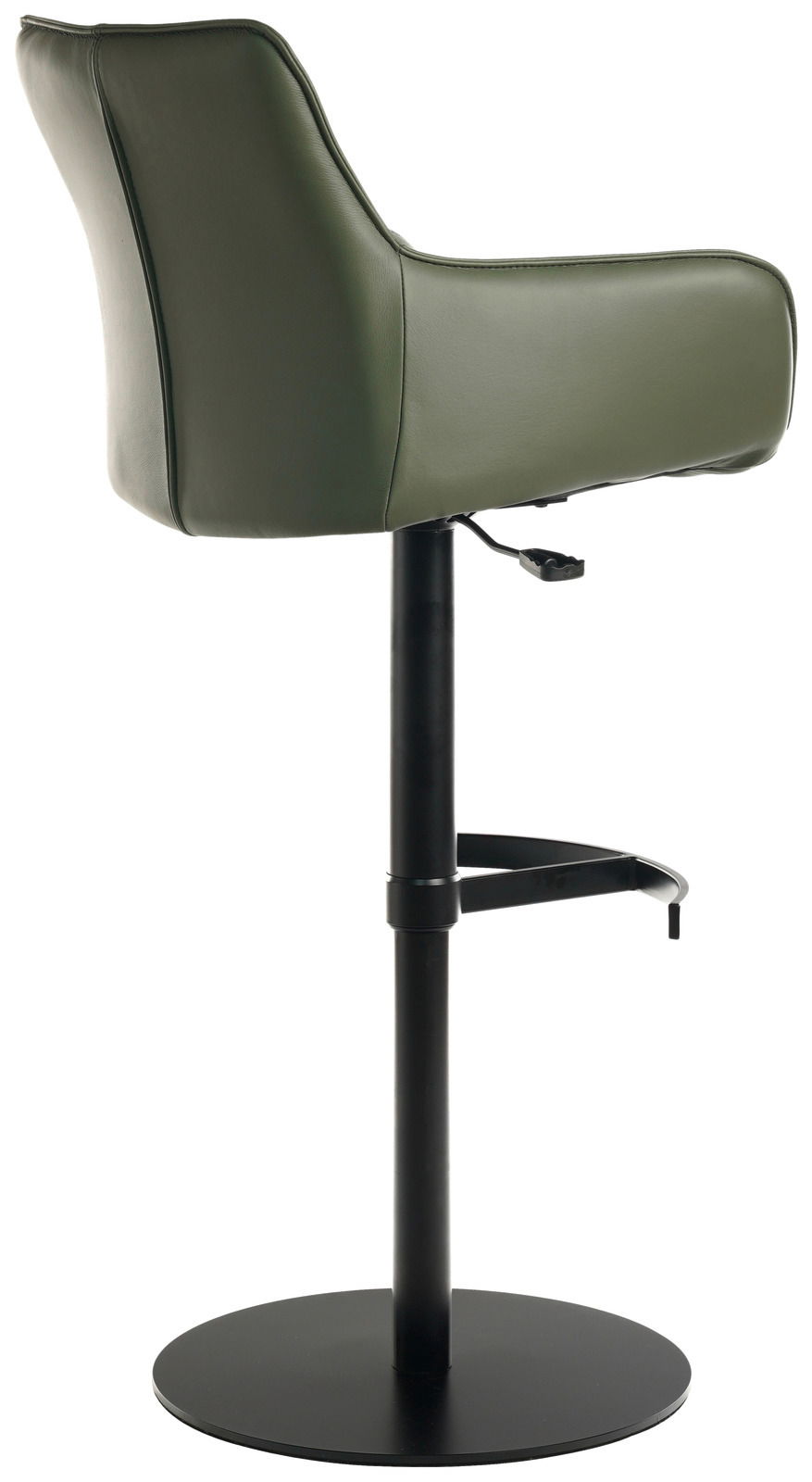 Moderner Barhocker mit grünem Sitz und schwarzem Metallgestell, seitliche Perspektive