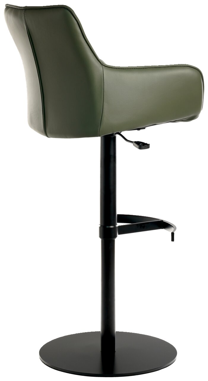 Moderner Barhocker mit grünem Sitz und schwarzem Metallgestell, seitliche Perspektive