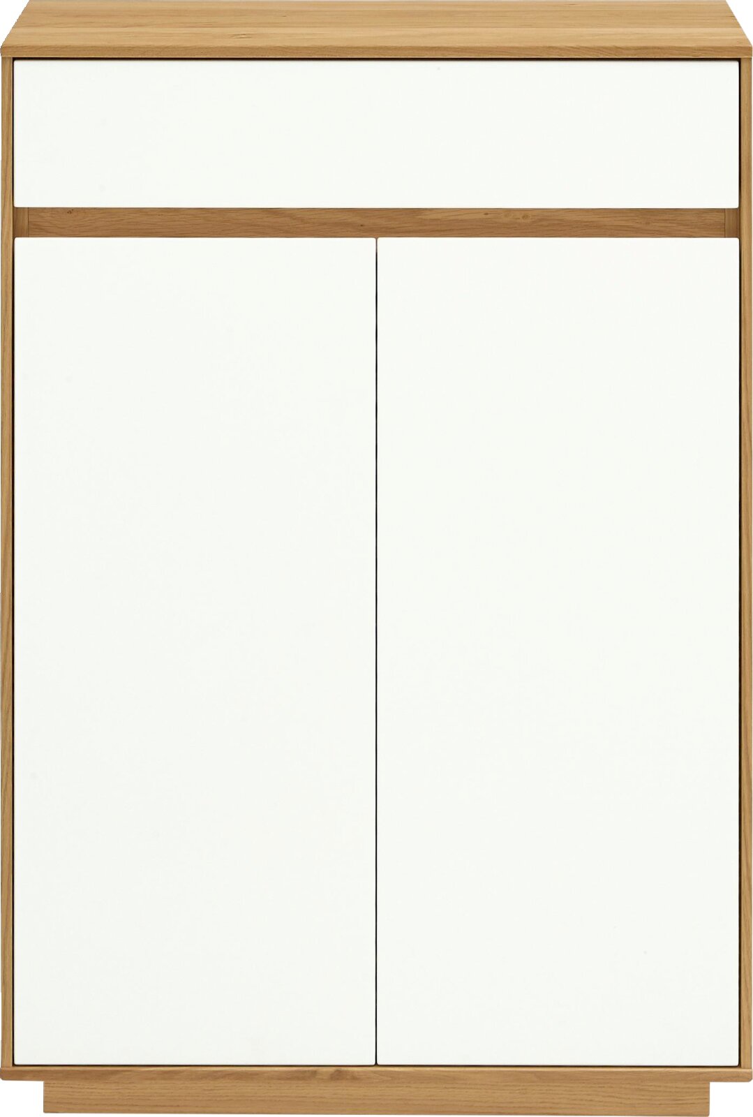 Modernes Sideboard/Kommode mit Eichenholzrahmen und weißen Fronten, zwei Türen und einer oberen Schublade, frontal von vorne fotografiert.