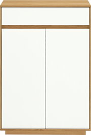 Modernes Sideboard/Kommode mit Eichenholzrahmen und weißen Fronten, zwei Türen und einer oberen Schublade, frontal von vorne fotografiert.