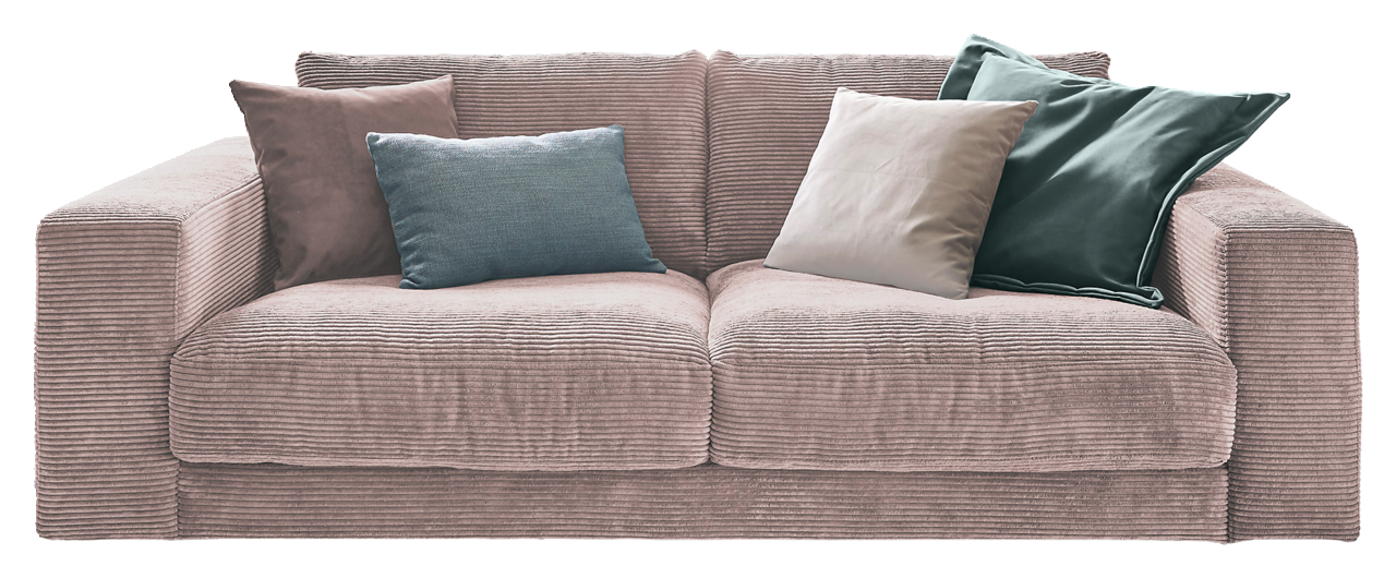 Lounge Handmade Sofa 2-Sitzer LH-SAMBIA Zweisitzer-Sofa aus Cordstoff in Rosa mit vier Kissen, frontal betrachtet.