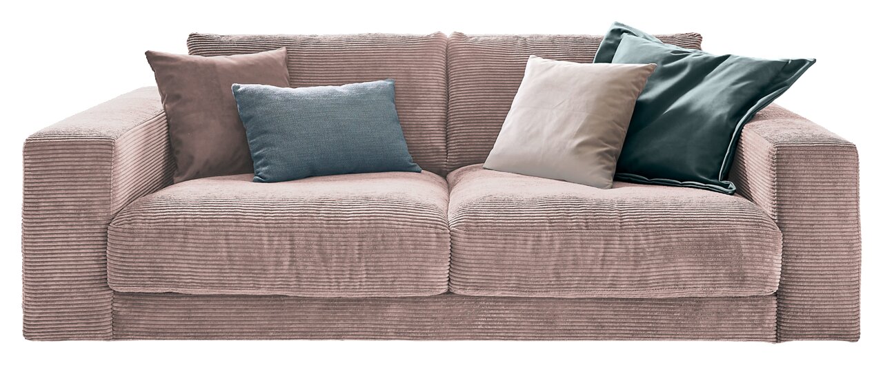 Zweisitzer-Sofa aus Cordstoff in Rosa mit vier Kissen, frontal betrachtet.