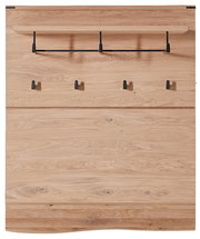 Garderobenpaneel aus Holz mit fünf schwarzen Haken und einer Ablage, Frontalansicht