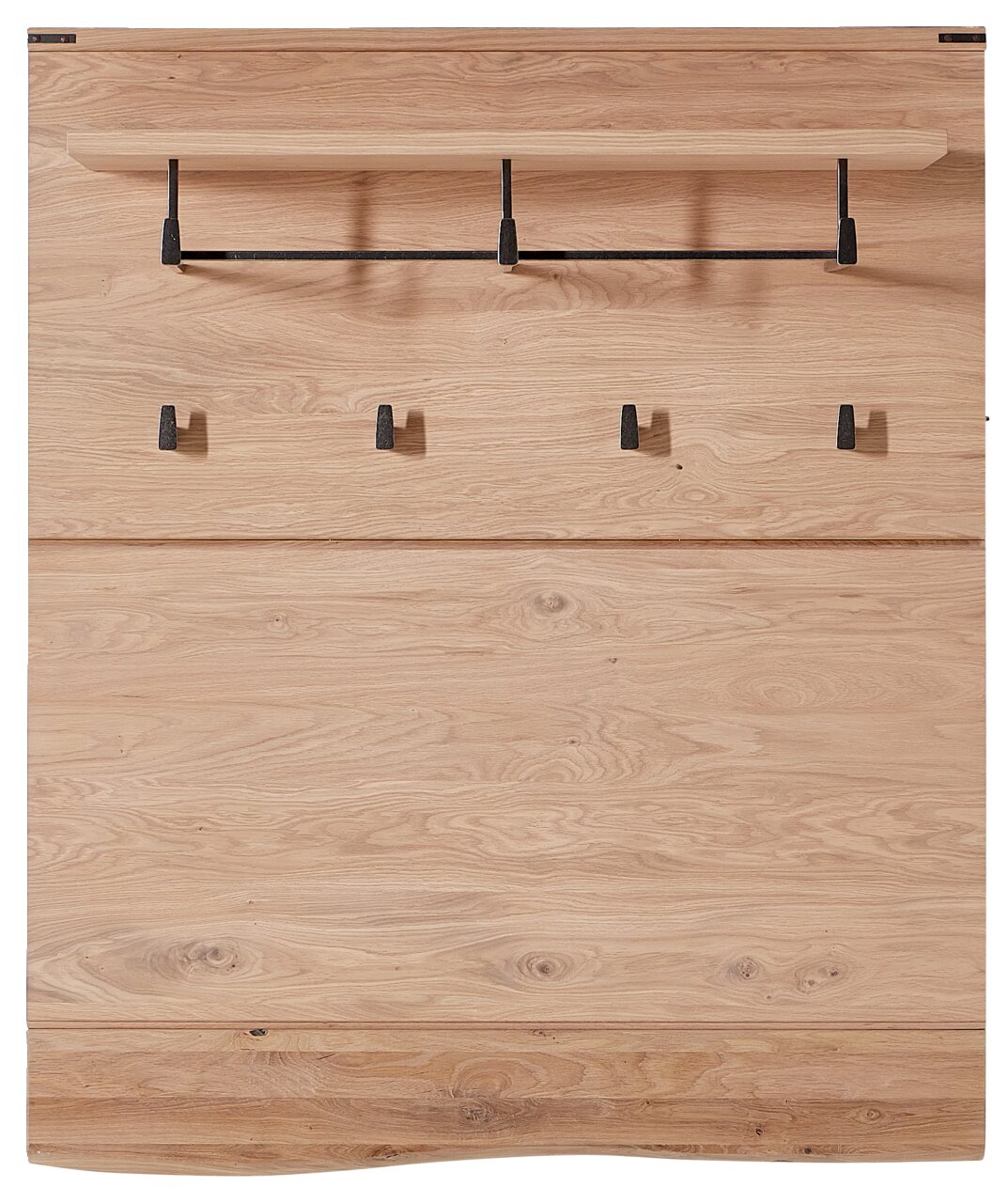Garderobenpaneel aus Holz mit fünf schwarzen Haken und einer Ablage, Frontalansicht