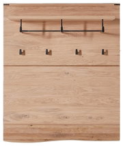 Garderobenpaneel aus Holz mit fünf schwarzen Haken und einer Ablage, Frontalansicht
