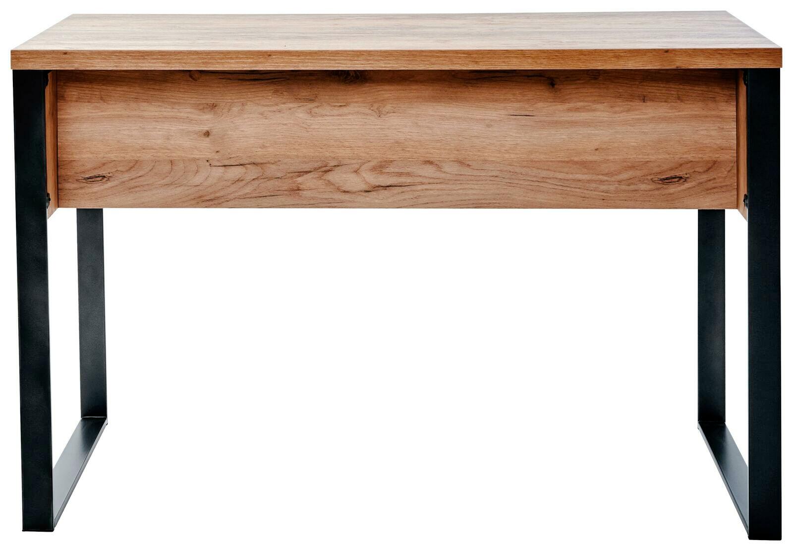 Moderner Schreibtisch aus Holz mit schwarzem Metallgestell, Frontalansicht.