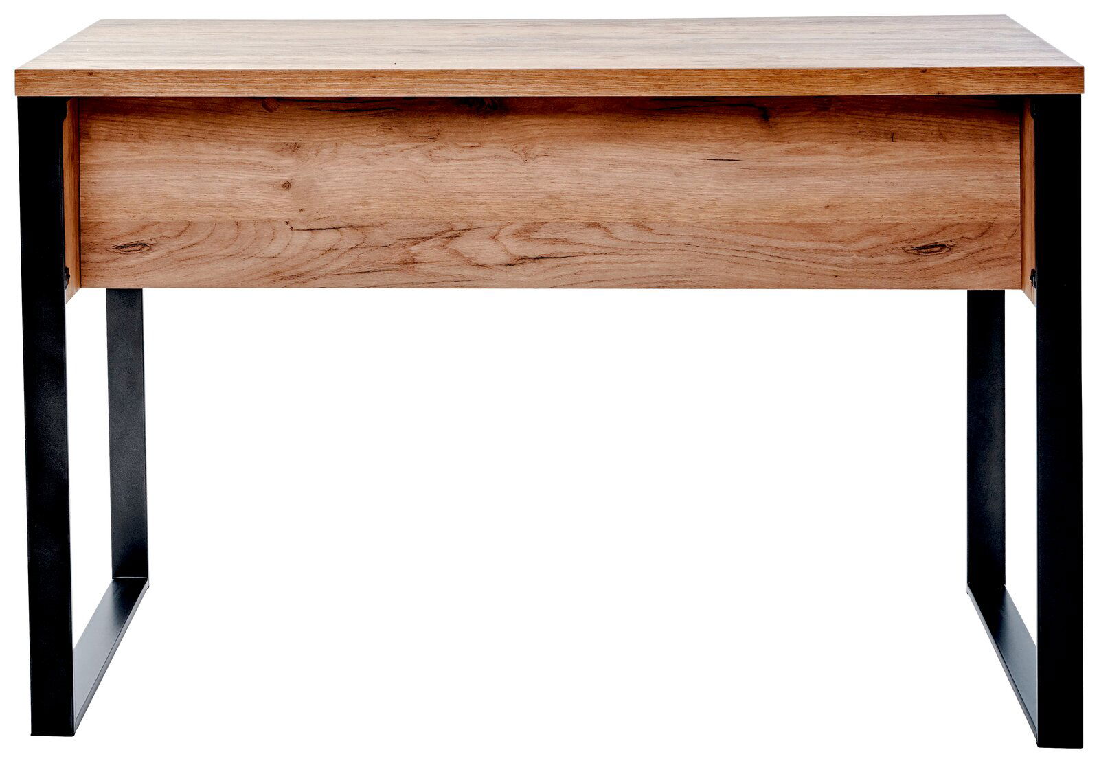 Moderner Schreibtisch aus Holz mit schwarzem Metallgestell, Frontalansicht.