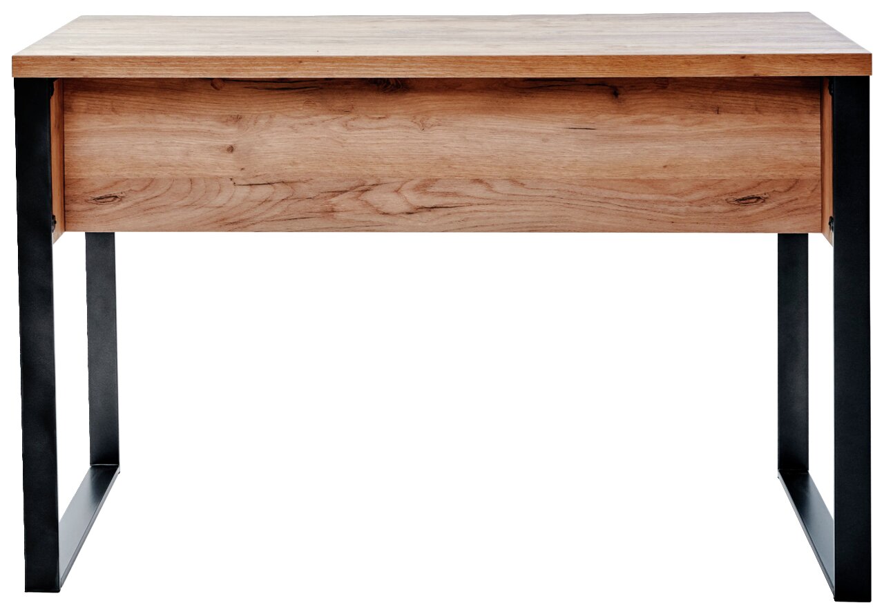Moderner Schreibtisch aus Holz mit schwarzem Metallgestell, Frontalansicht.