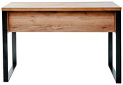Moderner Schreibtisch aus Holz mit schwarzem Metallgestell, Frontalansicht.