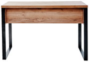 Moderner Schreibtisch aus Holz mit schwarzem Metallgestell, Frontalansicht.