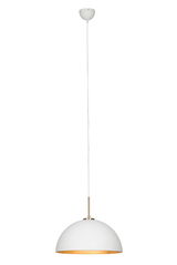 Weiße Hängeleuchte mit goldener Innenseite, seitliche Perspektive