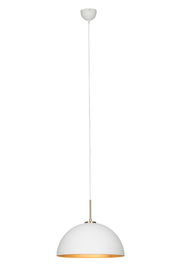 Weiße Hängeleuchte mit goldener Innenseite, seitliche Perspektive