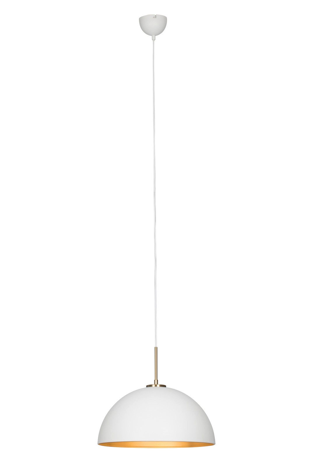 Weiße Hängeleuchte mit goldener Innenseite, seitliche Perspektive