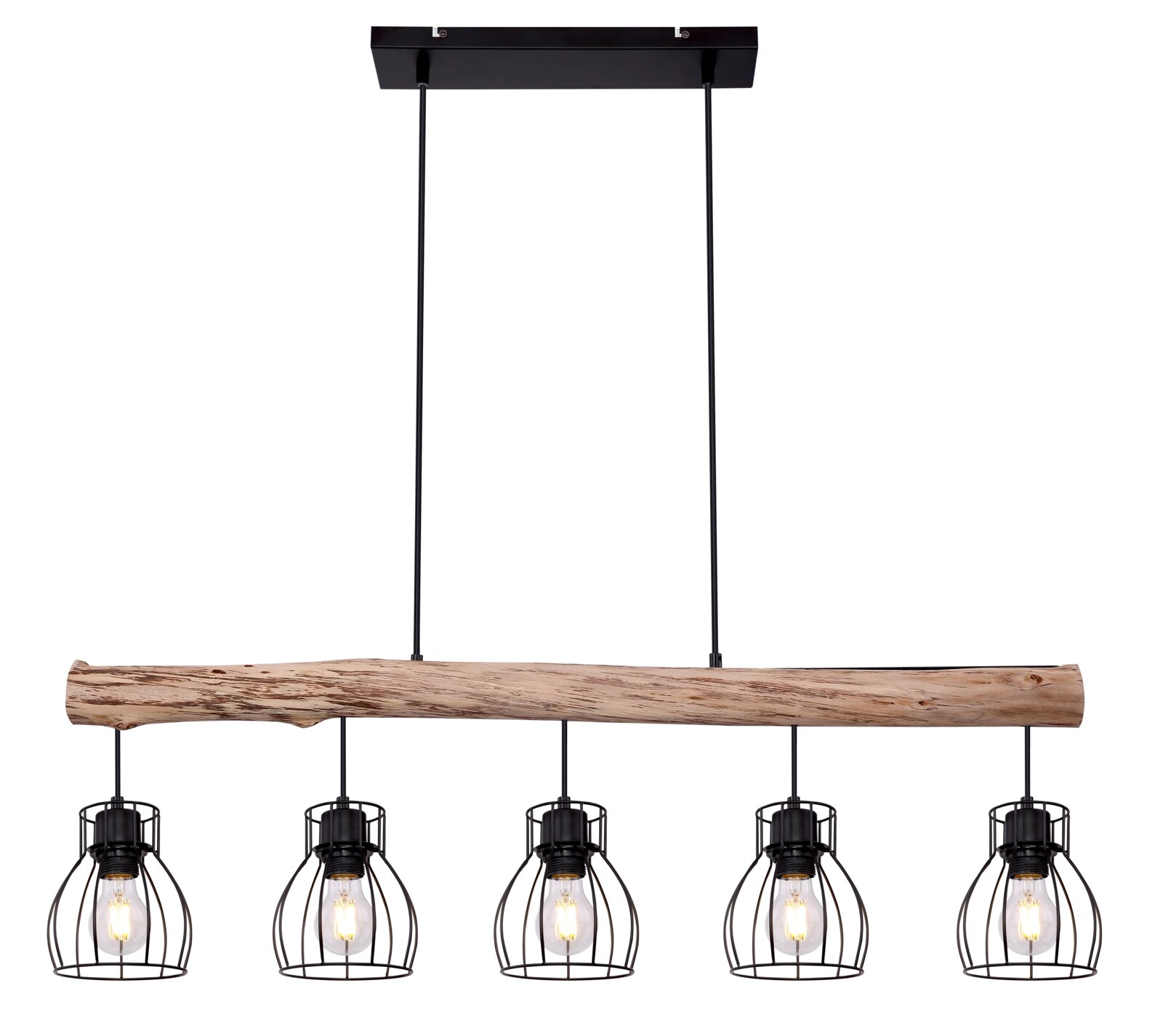 Hanglamp met vijf lampen in kooivorm, bevestigd aan een rustieke houten staaf, gezien van voren.