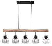 Hanglamp met vijf lampen in kooivorm, bevestigd aan een rustieke houten staaf, gezien van voren.