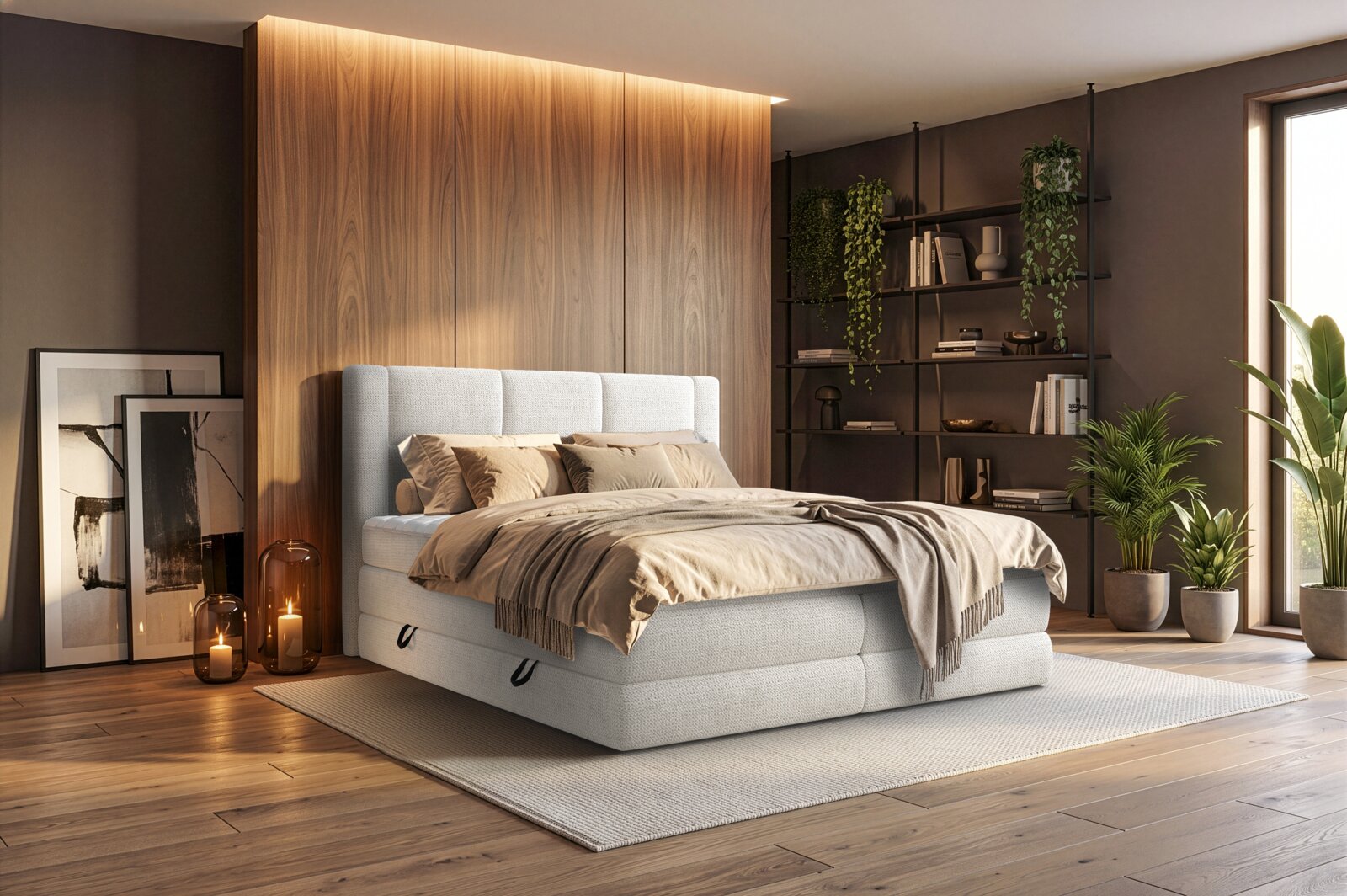 Lichtgrijs gestoffeerd boxspringbed met gecapitonneerd hoofdbord en beige beddengoed in moderne slaapkamer met houten wand en open kast perspectief: schuin van voren (3/4-aanzicht)