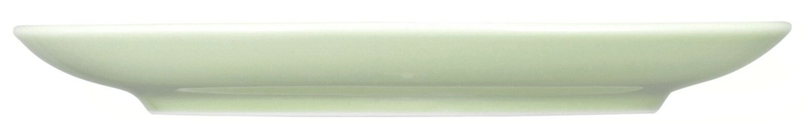 Seitliche Ansicht einer großen, flachen Kombi-Untertasse in hellem Grün, 16 cm Durchmesser.