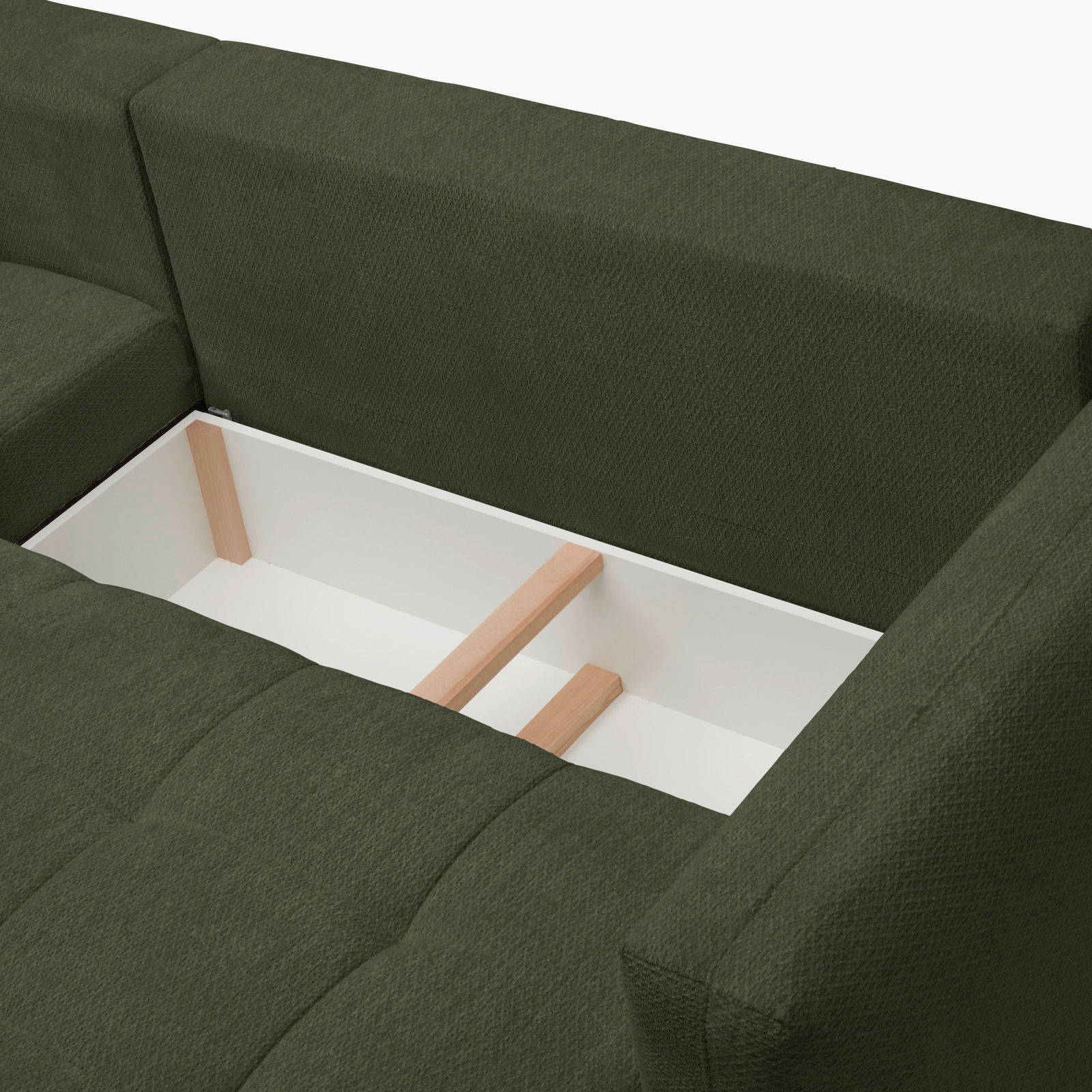 Grüne Rundecke mit geöffneter Stauraumklappe, Ansicht von oben