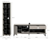 Modernes TV-Lowboard und hoher Schrank in Grau mit geöffneten Türen und Klappen, Innenfächern und Maßangaben (ca. 245 × 192 × 41 cm), dargestellt in frontaler Ansicht mit leichter Seitenperspektive