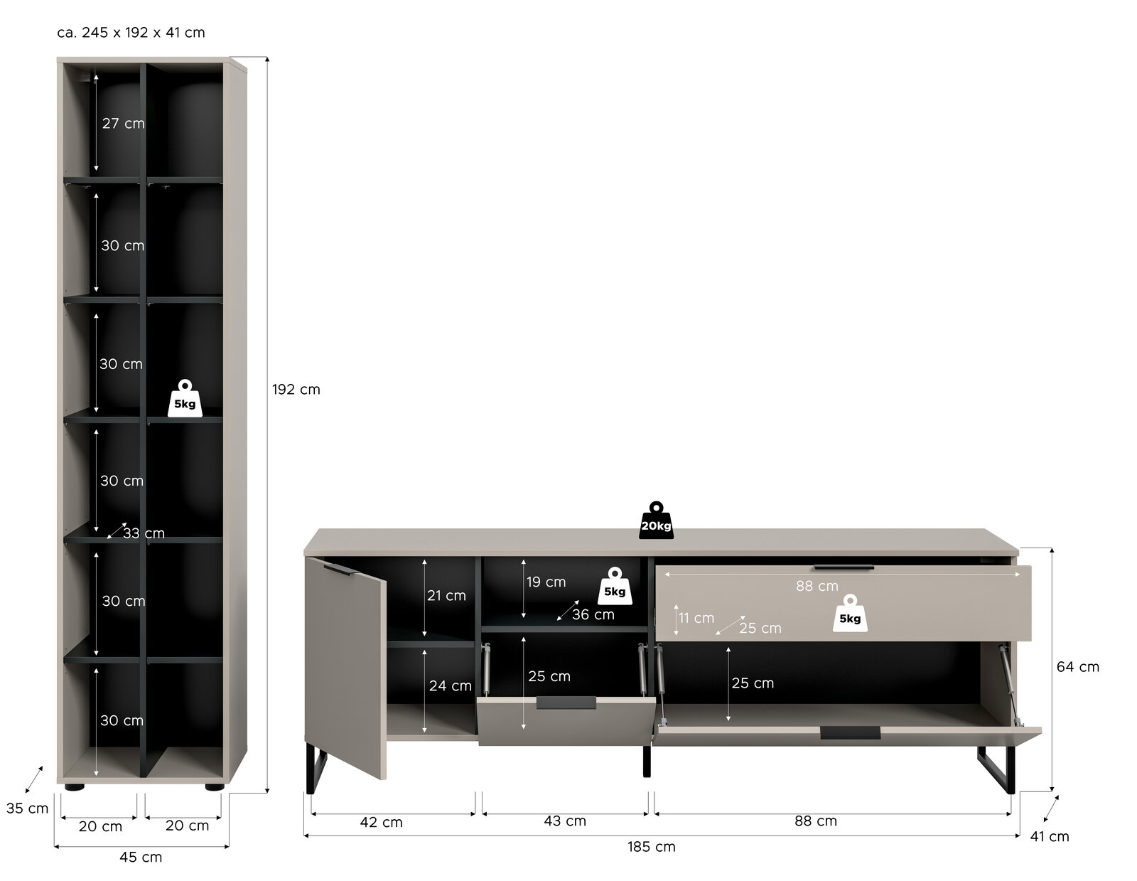 Modernes TV-Lowboard und hoher Schrank in Grau mit geöffneten Türen und Klappen, Innenfächern und Maßangaben (ca. 245 × 192 × 41 cm), dargestellt in frontaler Ansicht mit leichter Seitenperspektive