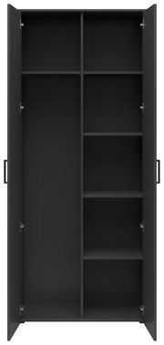 Offener schwarzer Mehrzweck-Vorratsschrank mit mehreren Regalböden, frontal betrachtet.