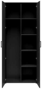 Offener schwarzer Mehrzweck-Vorratsschrank mit mehreren Regalböden, frontal betrachtet.